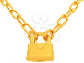 gold chains and padlock isolation on white background - 3d illustration