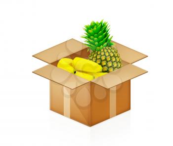 pineapple and bananas in cardboard box on a white background