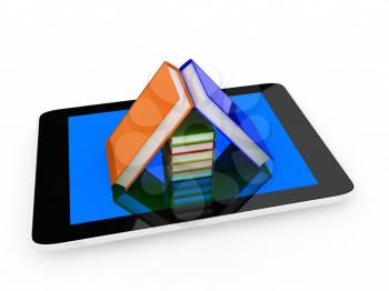 tablet pc and colorful real books on white background