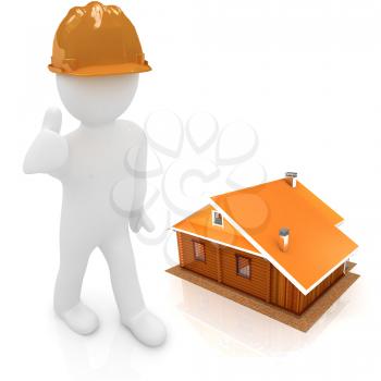 3d architect in a hard hat with thumb up with real plans. 3d image. Isolated white background. 