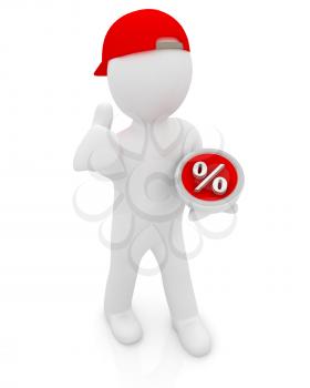 Best percent! 3d man in a red peaked cap keeps the most beneficial interest! On a white background