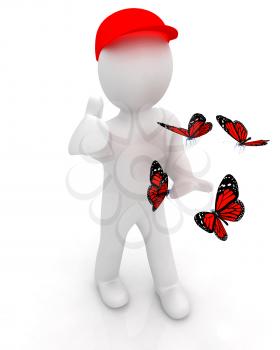 3d man in a red peaked cap with thumb up and butterflies on a white background