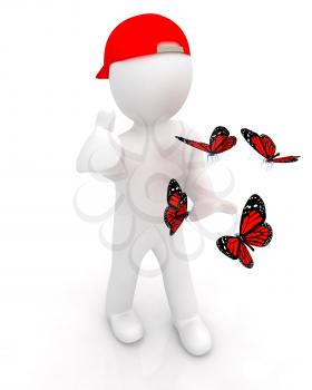 3d man in a red peaked cap with thumb up and butterflies on a white background