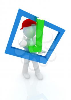 3d man in a red peaked cap with thumb up and a huge tick on a white background