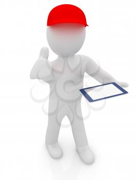 3d white man in a red peaked cap with thumb up and tablet pc on a white background