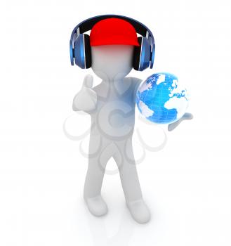 3d white man in a red peaked cap with thumb up, tablet pc and headphones. Global concept with blue earth 