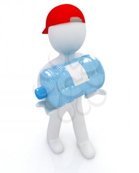 3d man carrying a water bottle with clean blue water on a white background