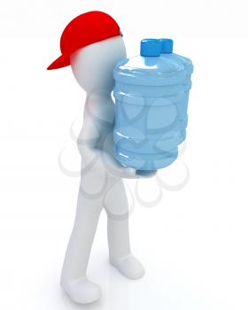 3d man carrying a water bottle with clean blue water on a white background