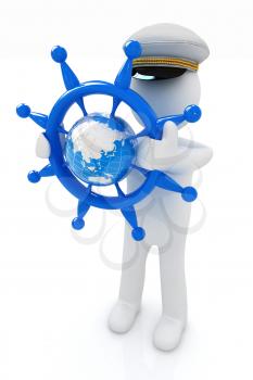Sailor with steering wheel and earth. Trip around the world concept on a white background