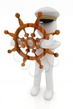 Sailor with wood steering wheel and earth. Trip around the world concept on a white background