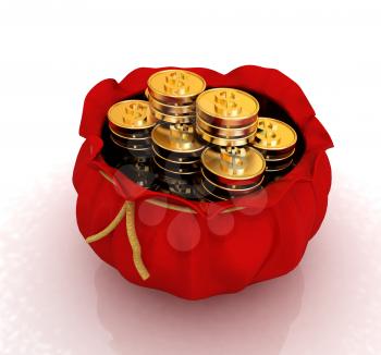 Bag and dollar coins on a white background