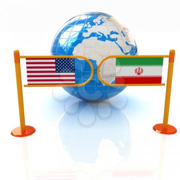 Three-dimensional image of the turnstile and flags of USA and Iran on a white background 