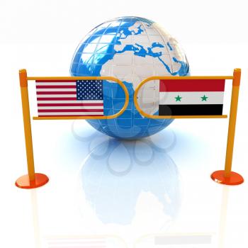 Three-dimensional image of the turnstile and flags of USA and Syria on a white background 
