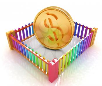 Dollar coin in closed colorfull fence concept illustration on a white background