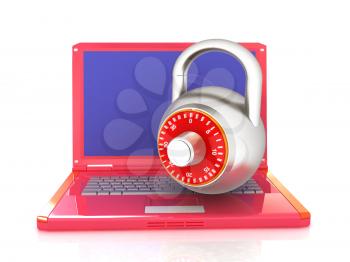 Laptop with lock.3d illustration on white isolated background.