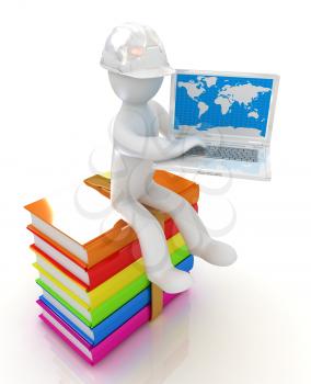 3d man in hard hat sitting on books and working at his laptop on a white background