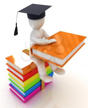 3d man in graduation hat with useful books sits on a colorful glossy boks on a white background