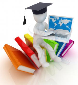 3d man in graduation hat sitting on books and working at his laptop on a white background