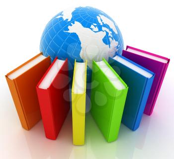 Colorful books and earth on a white background