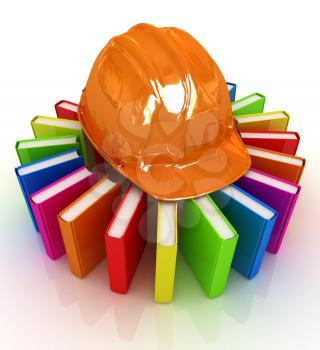 Colorful books and hard hat on a white background