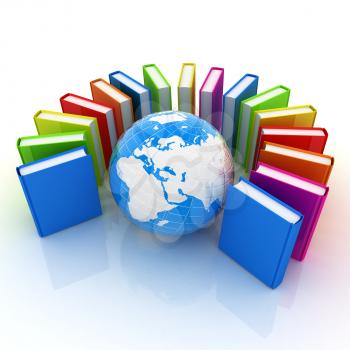 Colorful books and earth on a white background