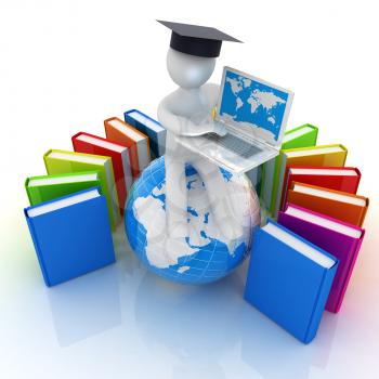 3d man in graduation hat sitting on earth and working at his laptop and books around his on a white background