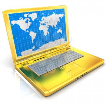 Gold laptop with world map on screen on a white background