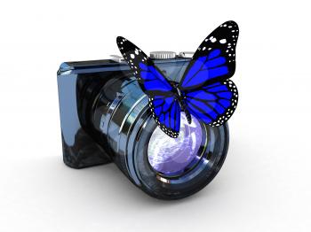 3d illustration of photographic camera and butterfly on white background