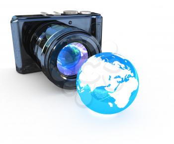 3d illustration of photographic camera and Earth on white background