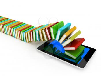 tablet pc and colorful real books on white background