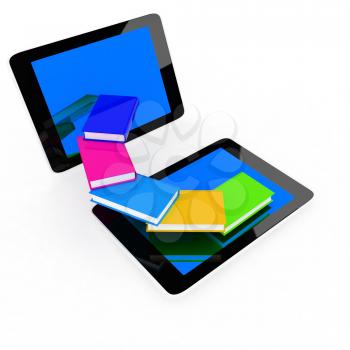 tablet pc and colorful real books on white background