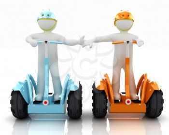 3d people in riding on a personal and ecological transport in helmet and holding hands. Concept of partnership