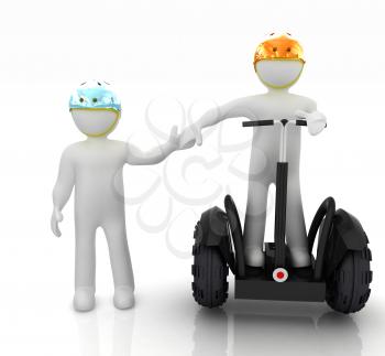 3d people in riding on a personal and ecological transport in helmet and holding hands. Concept of partnership