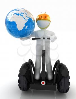 3d white person riding on a personal and ecological transport and earth.Global ecology and healthy life concept.3d image. 