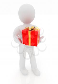 3d man gives red gift with gold ribbon on a white background