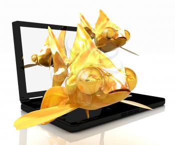 Gold fishea and laptop on a white background