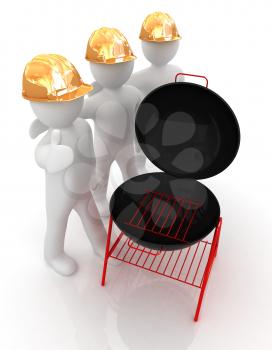 3d mans in a hard hat with thumb up and barbecue grill. On a white background 