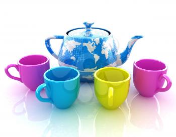 colorfull cups and teapot for earth. Globally. Drink for the entire planet.Concept of communication