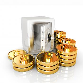 open a bank vault with a bunch of gold coins. isolated on white. 