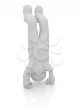 3d man isolated on white. Series: morning exercises - performs three-point head stand with hands on floor