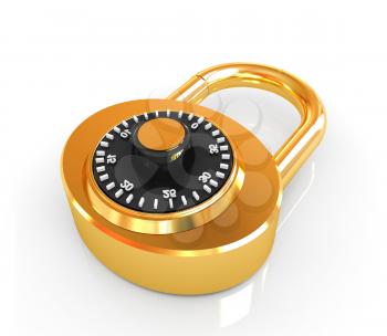 Illustration of security concept with gold locked combination pad lock on a white background