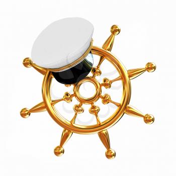 Marine cap on gold marine steering wheel on a white background