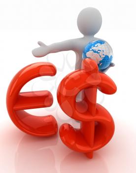 3d people - man, person presenting - euro and dollar with global concept with Earth