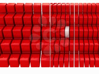 One individuality white cube among the red cubes isolated on white background