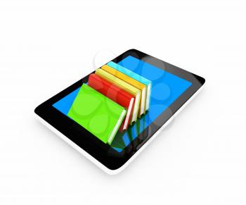 tablet pc and colorful real books on white background