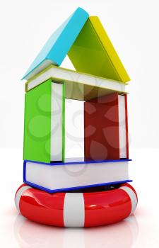 Books house on lifeline. On white background