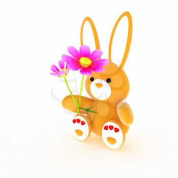 soft toy hare with a little red hearts on white paws and cosmos flower on a white background