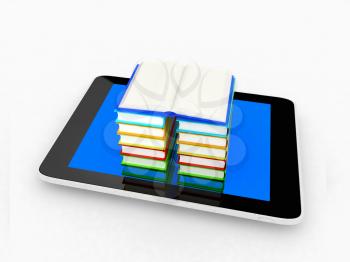 tablet pc and colorful real books on white background