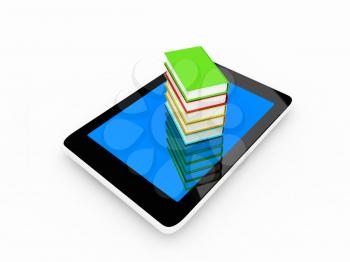 tablet pc and colorful real books on white background