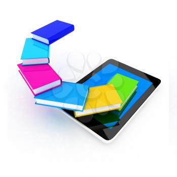 tablet pc and colorful real books on white background